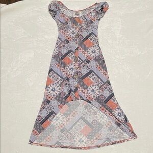 No Boundaries Floral Patchwork Off-Shoulder Hi Low Dress